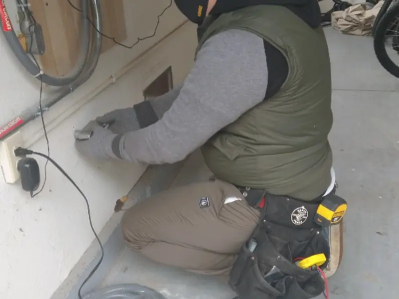 Electrician performing outlet wiring in a Annandale garage